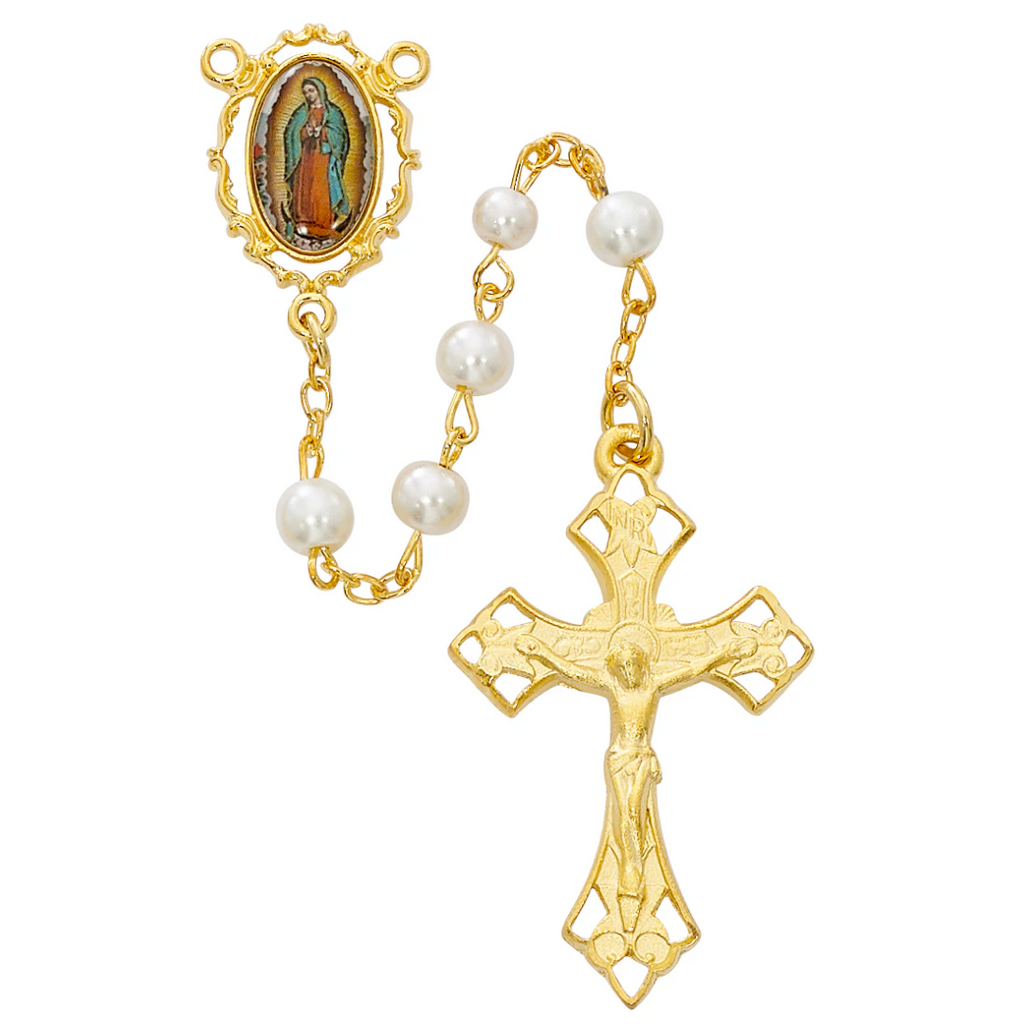 Our Lady of Guadalupe Rosary - Pearl like Glass Boxed
