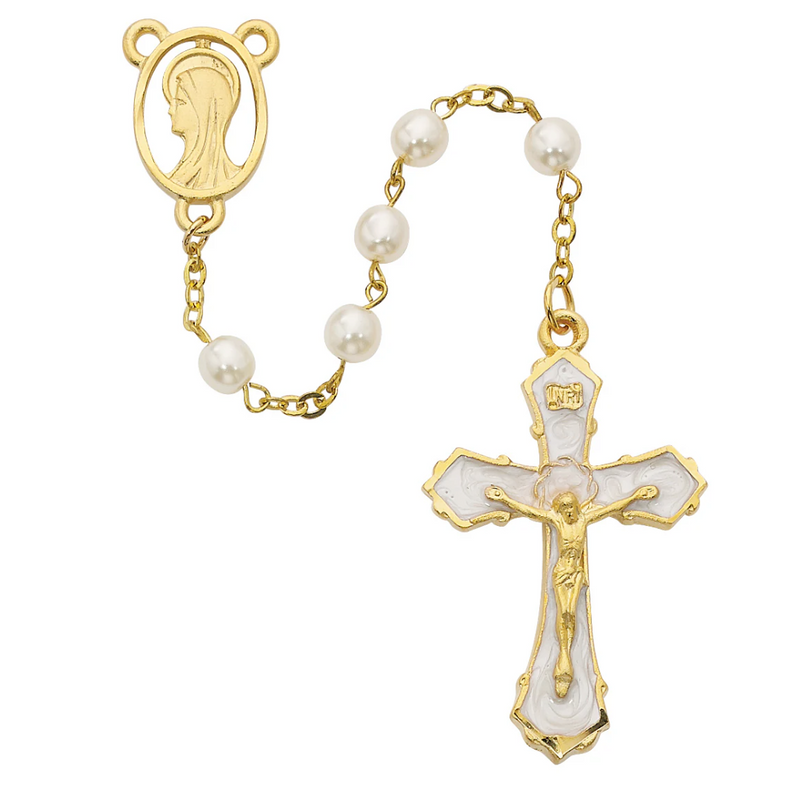 Rosary - Pearl like Gold Plated Rosary Boxed