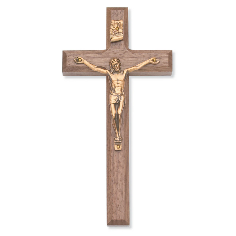 Benedict Crucifix - 8" Beveled Walnut Stain Crucifix, Boxed