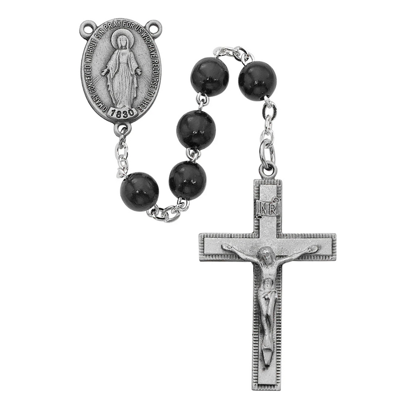 Rosary - Black Round Wood and Sterling Silver Rosary Boxed