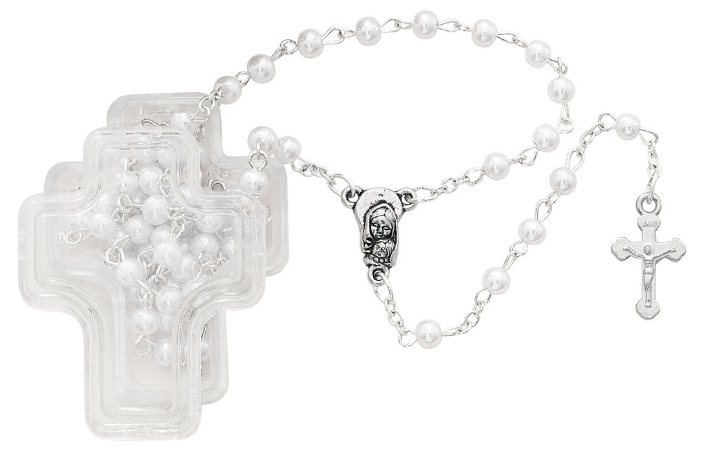 White Pearl Rosary in Cross Box