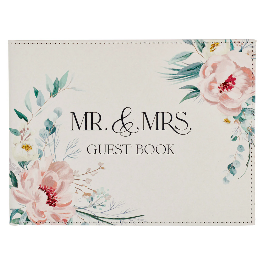 Mr. & Mrs. Peachy-pink Floral Faux Leather Medium Wedding Guest Book - 1 John 4:19