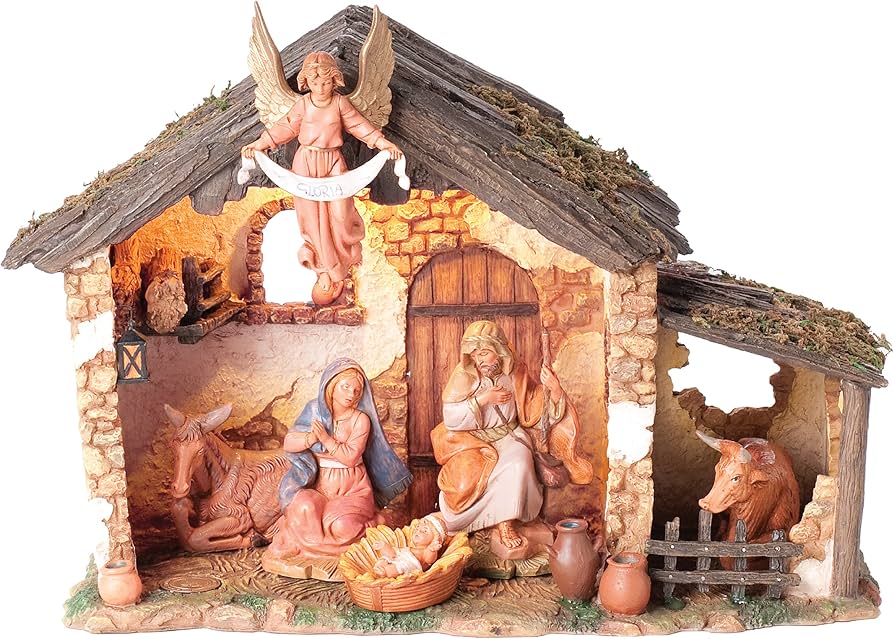 6 Figure Nativity Set with Lighted Resin Stable 5" Scale