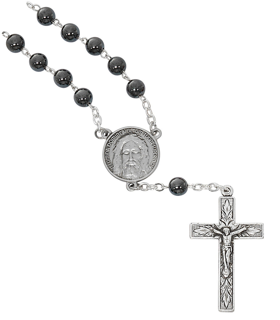 Auto Rosary - Holy Face Centerpiece with Hematite Beads