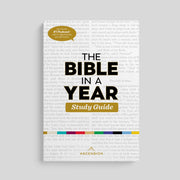 White book with text 'The Bible in a Year Study Guide' on a gray background