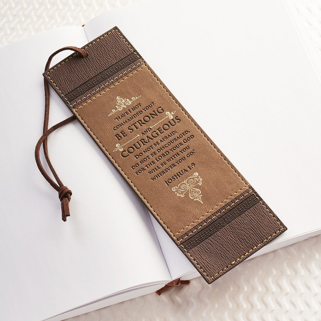 Be Strong and Courageous Walnut-Brown and Tan Faux Leather Bookmark - Joshua 1:9