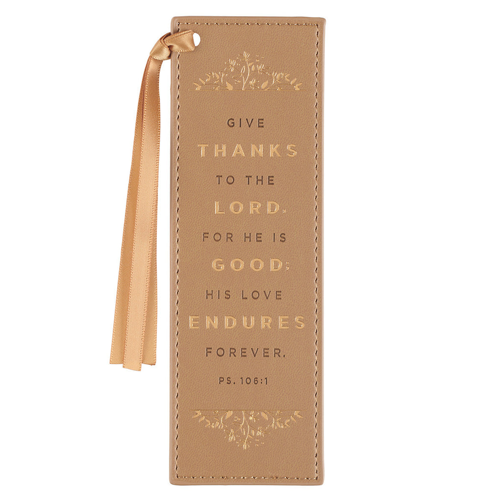 Give Thanks Butterscotch Faux Leather Bookmark - Psalm 106:1