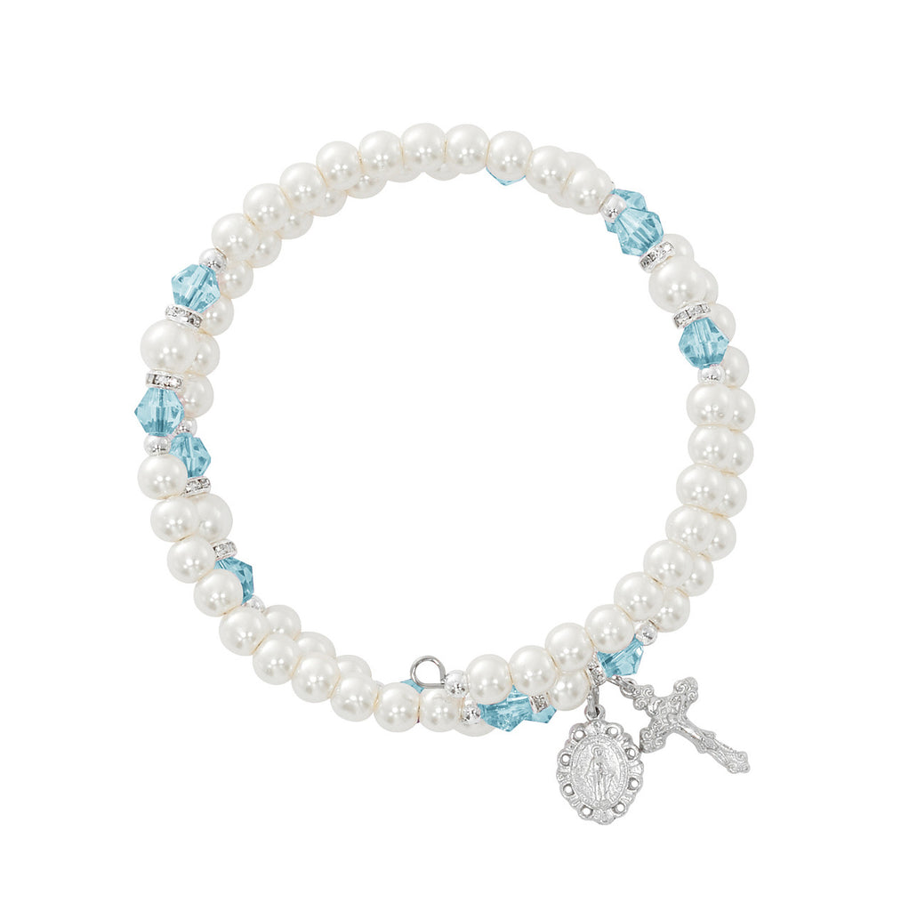 Aqua and Pearl Wrap Rosary Bracelet