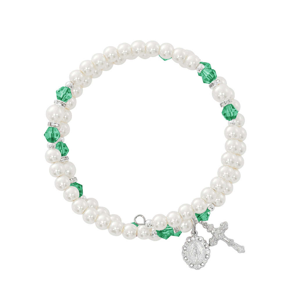 Emerald and Pearl Wrap Rosary Bracelet