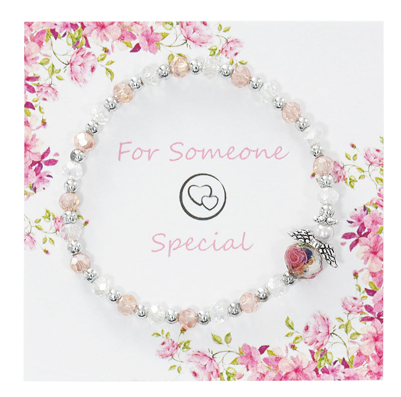 Bracelet - Youth Pink and Clear Glass Angel Stretch Carded