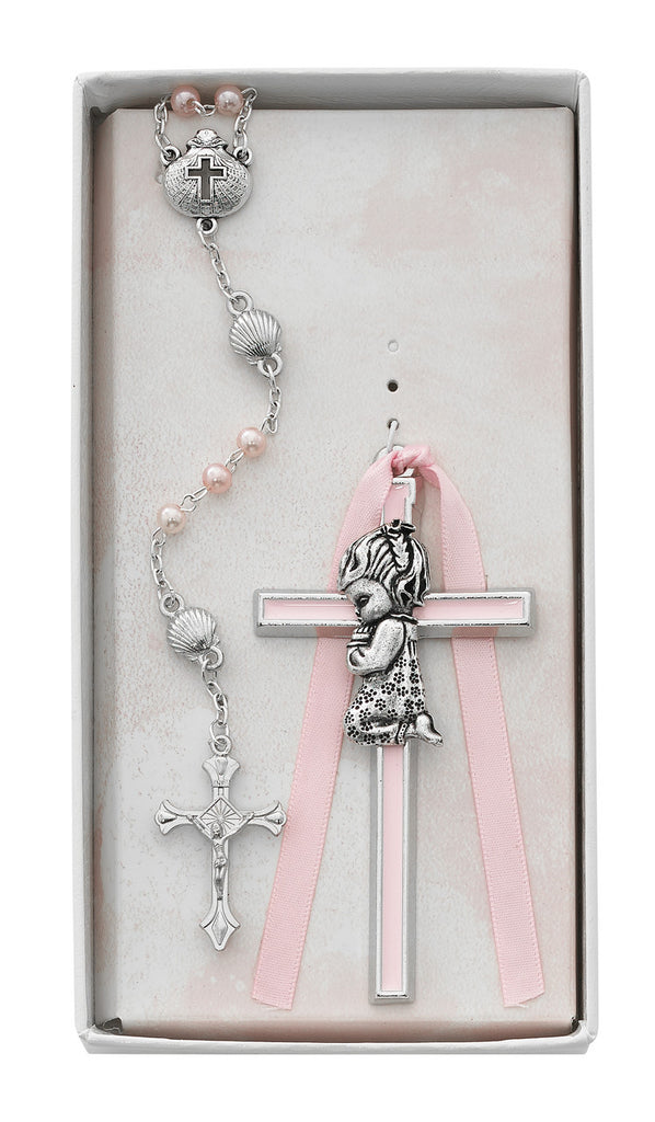 Baby Set - Pink Crib Cross and Pink Rosary Set Boxed
