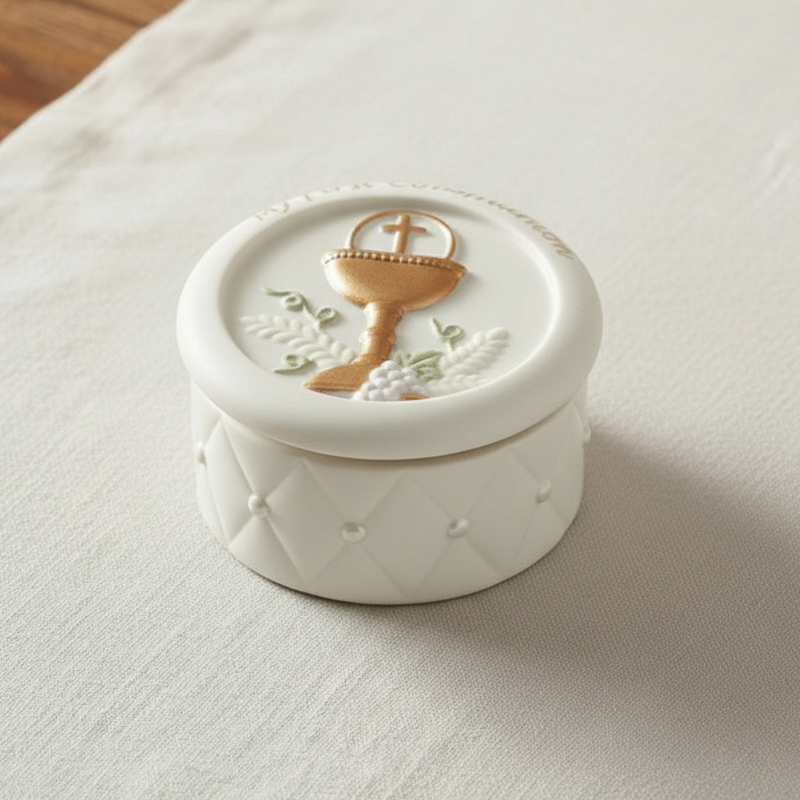 Quilted First Communion Porcelain Rosary Holder