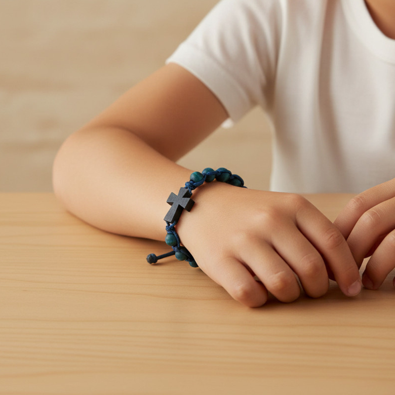 Blue Wood Adjustable Cross Bracelet | First Communion Gift