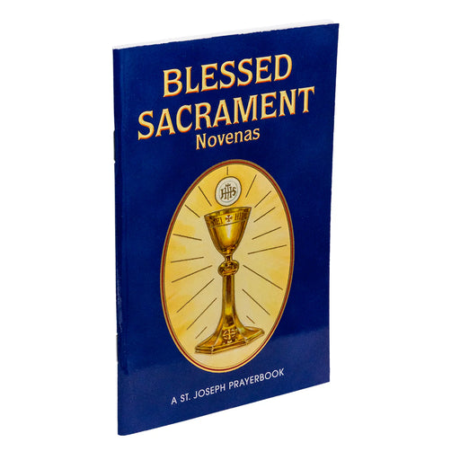 Dark blue book with text 'Blessed Sacrament Novenas' and an illustrated of the Eucharist and a gold chalice on a white background