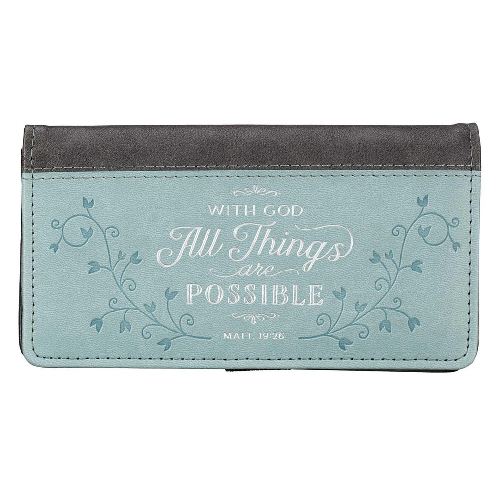 All Things Are Possible Two-tone Gray and Blue Faux Leather Checkbook Cover -Matthew 19:26