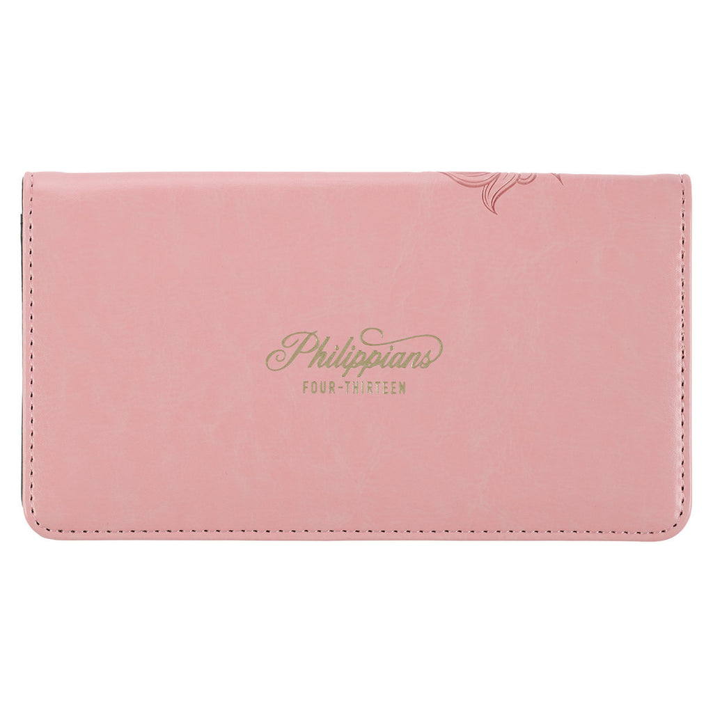 Through Christ Fluted Iris Pink Faux Leather Checkbook Wallet - Philippians 4:13