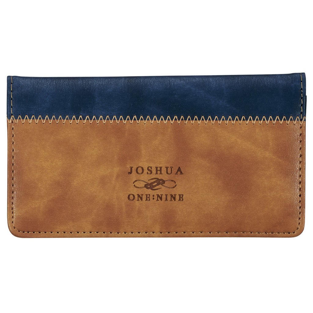 Strong and Courageous Butterscotch and Navy Faux Leather Checkbook Wallet - Joshua 1:9