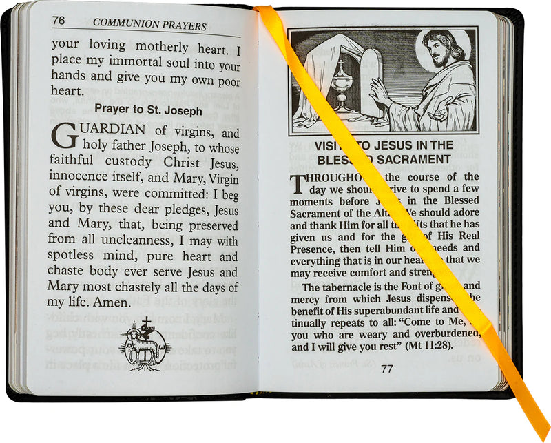 Open book with religious text and images, featuring a prayer to St. Joseph.