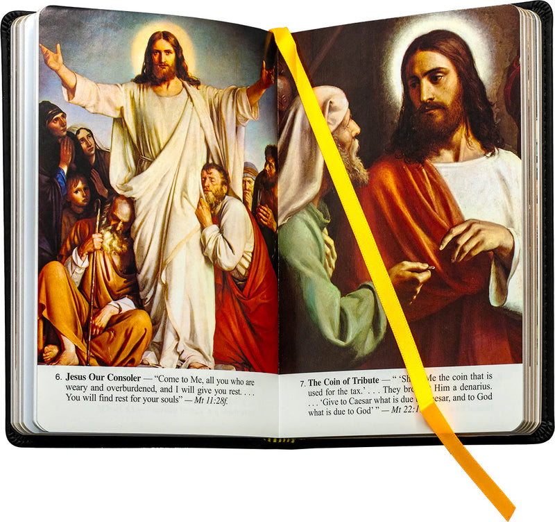 Open book with illustrations of Jesus and disciples, featuring a yellow line overlay.