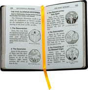 Open book with religious text and illustrations on a white background