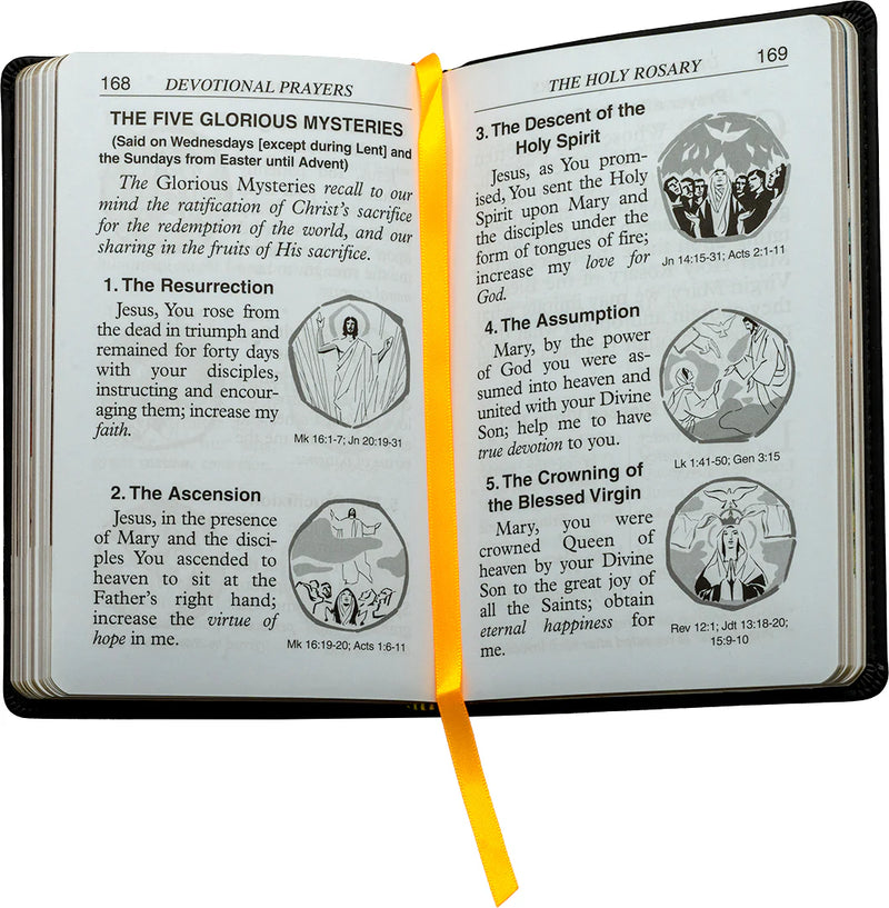 Open book with religious text and illustrations on a white background
