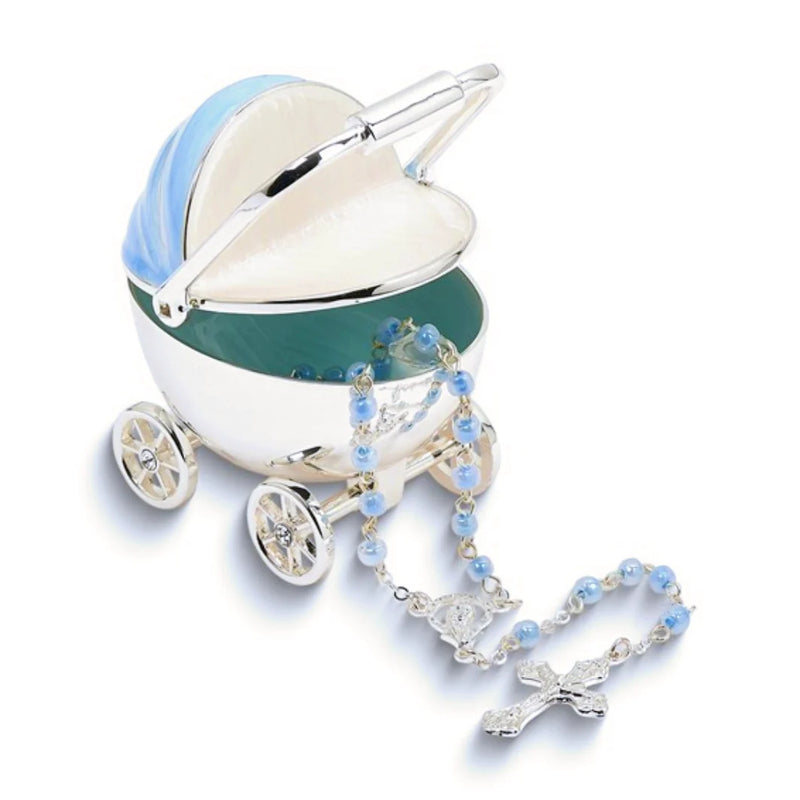 Carriage Keepsake Box with Rosary Blue 2.75"H