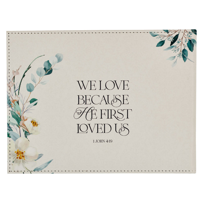 Mr. & Mrs. Peachy-pink Floral Faux Leather Medium Wedding Guest Book - 1 John 4:19