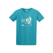 Blue t-shirt with white graphic of Our Lady of Guadalupe and text reading 'Then I saw her face, now I'm a believer' on a white background