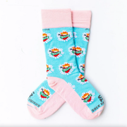 Pastel pink and blue socks with images of the Immaculate Heart of Mary