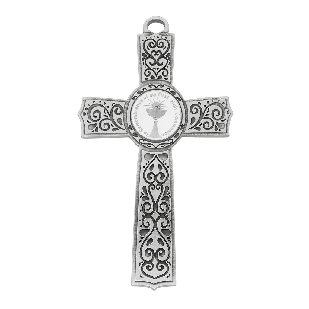 Cross - 6in Pewter Communion Cross with White Epoxy, Box