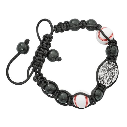Black braided bracelet with black beads and baseballs on a white background