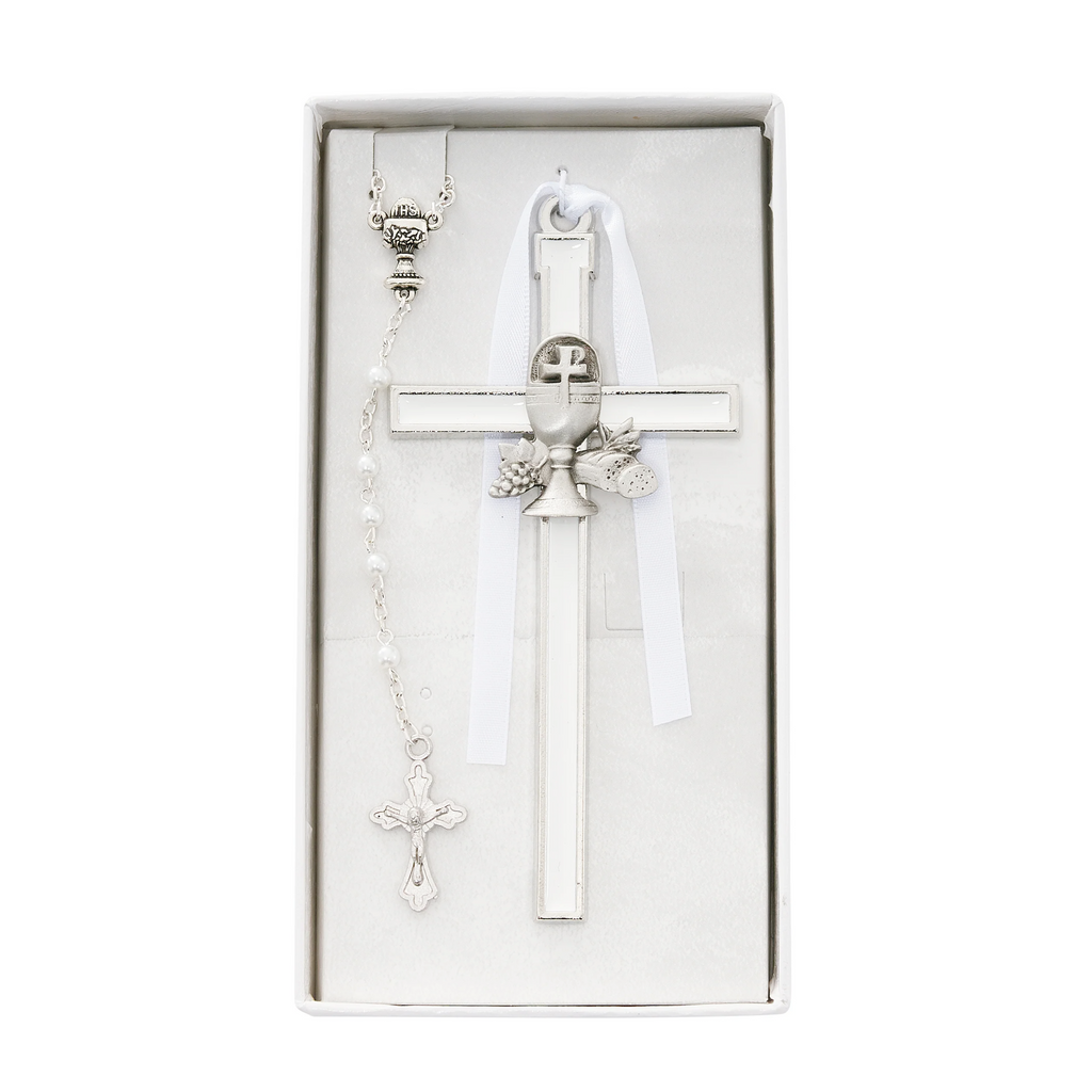 Cross - White Communion Cross and Rosary Set Box