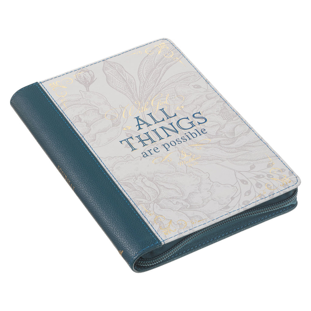 All Things are Possible Teal Tourmaline Faux Leather Journal with Zipper Closure - Matthew 19:26