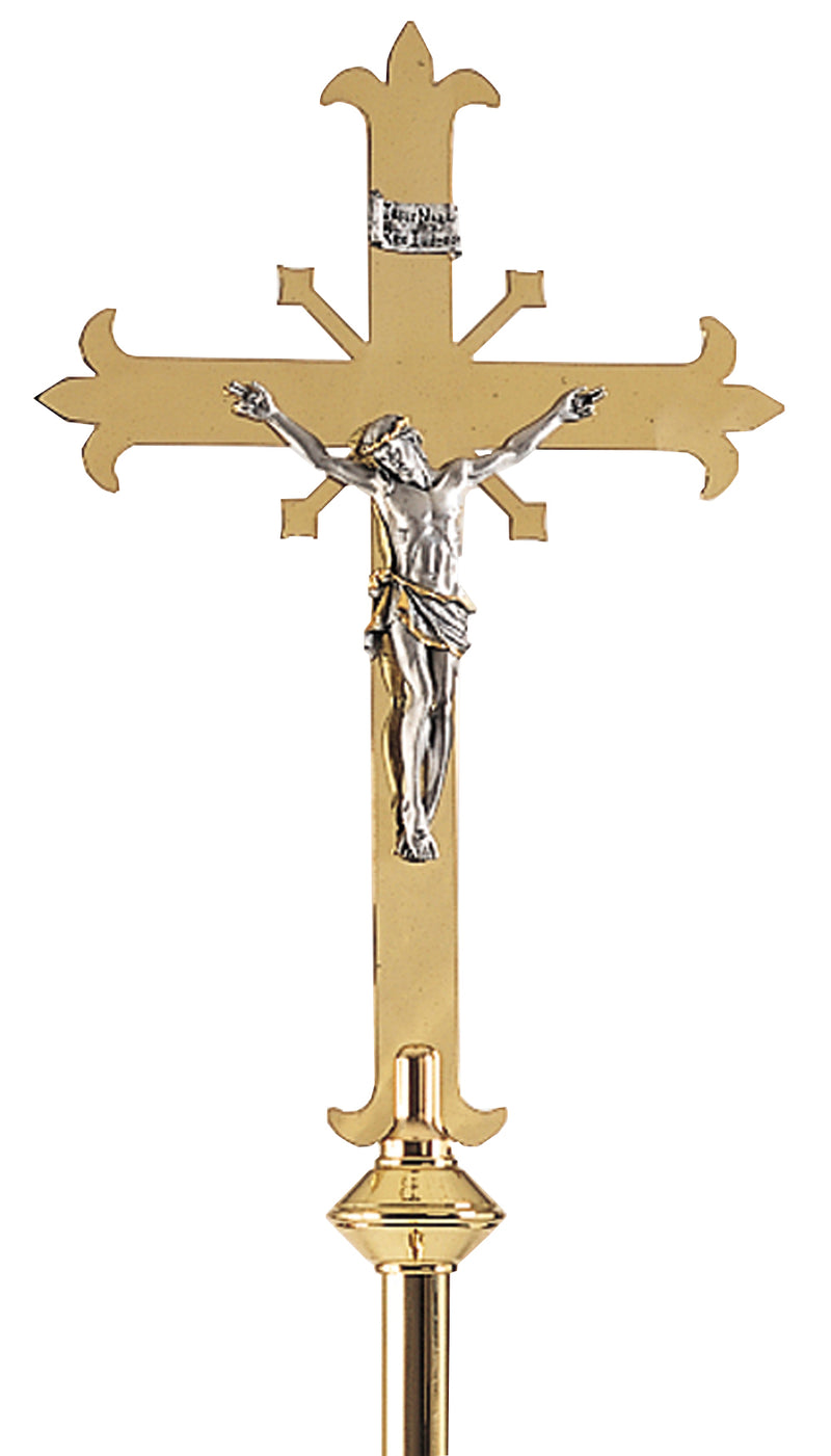 Fleur-de-Lis Brass Processional Crucifix with Oxidized Silver Corpus | Koley's Inc.