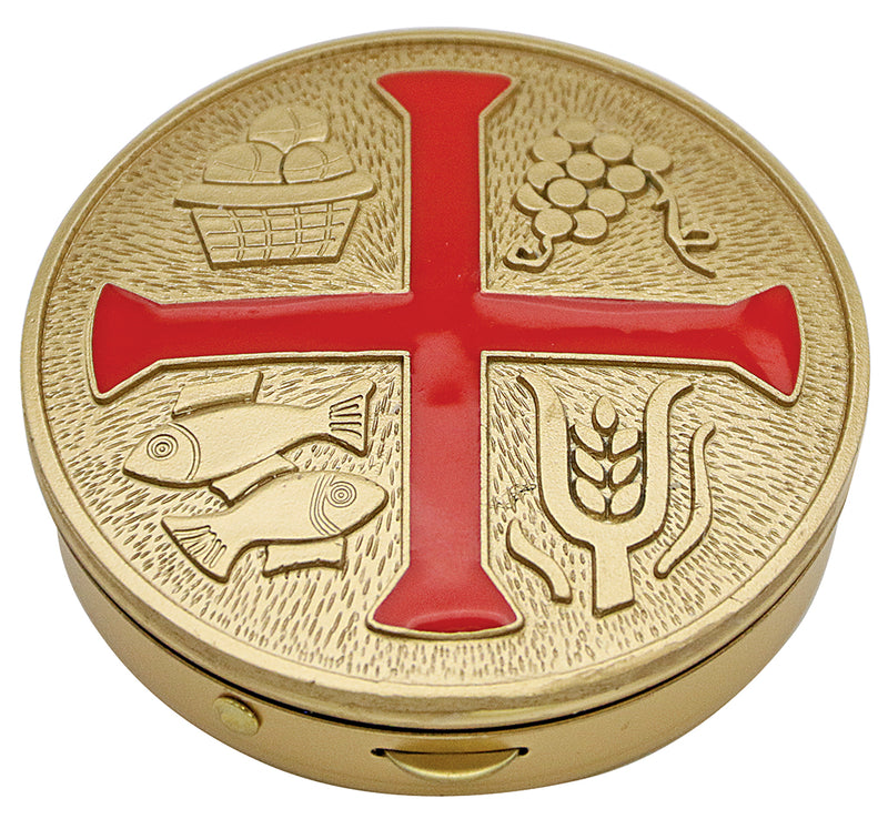 Pyx, Brass with Red Enamel Cross and Gold Finish, 45-Host Cap | Koley's Inc.
