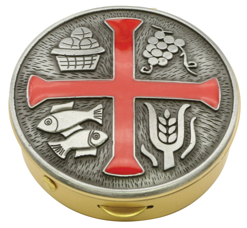 Pyx, Brass with Red Enamel Cross and Oxidized Finish Medallion, 25-Host Cap | Koley's Inc.