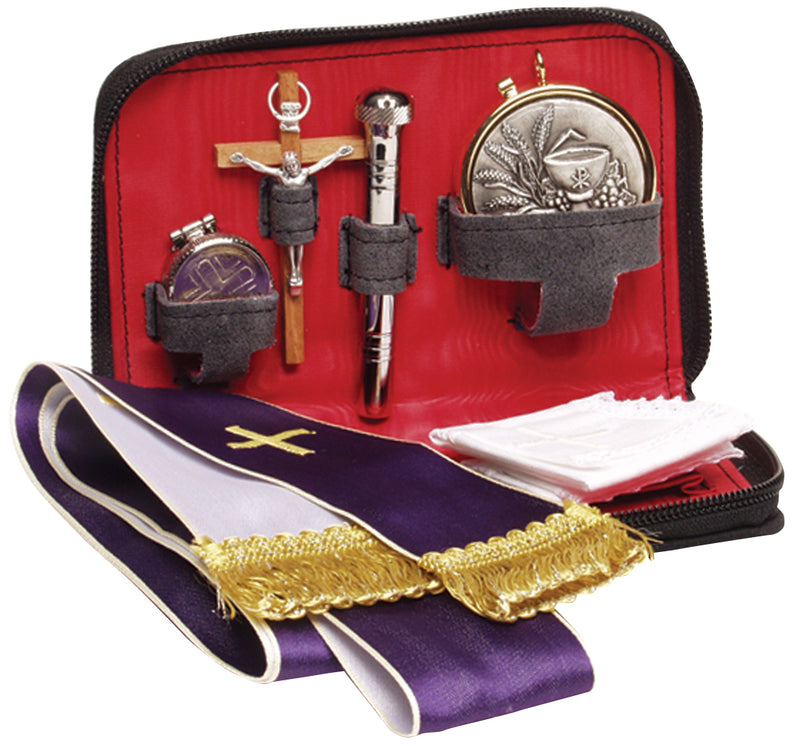 Sick Call Set | Grey Suede Zipper Case, 24K Gold Pyx, Oil Stock, Sprinkler, Crucifix and Stole | K-151 | Koley's Inc.