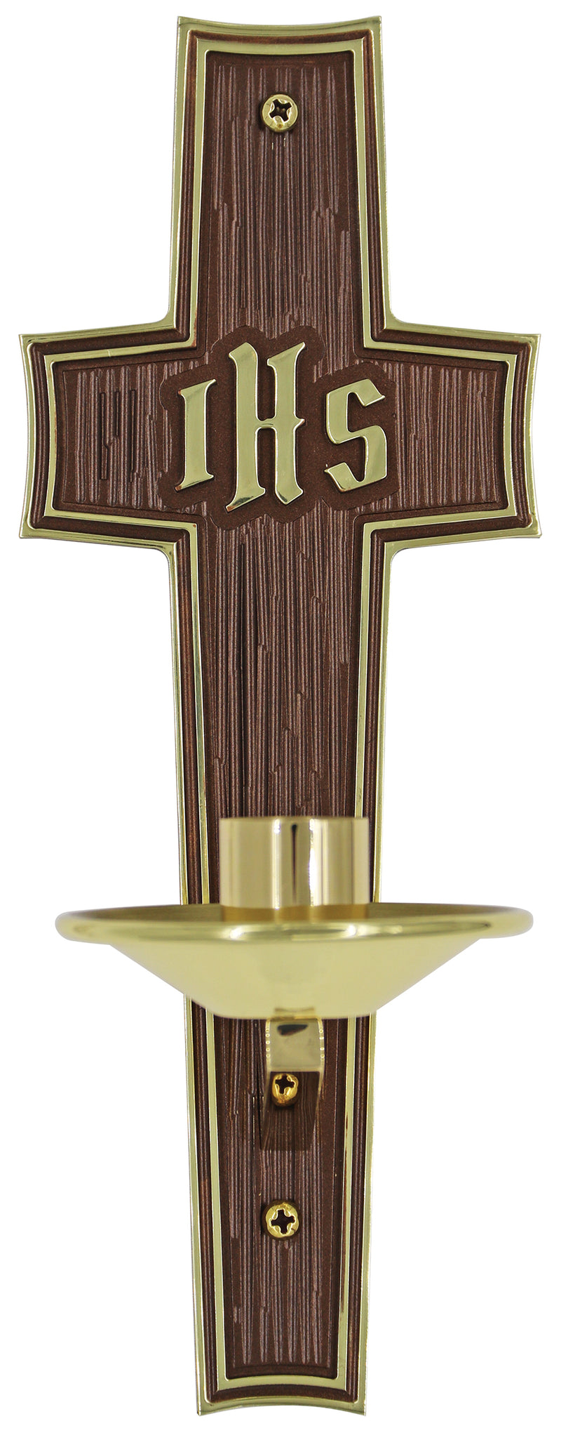 Solid Brass Two-Tone Dedication Candle Bracket with IHS Cross, 7/8" Socket | Koley's Inc.