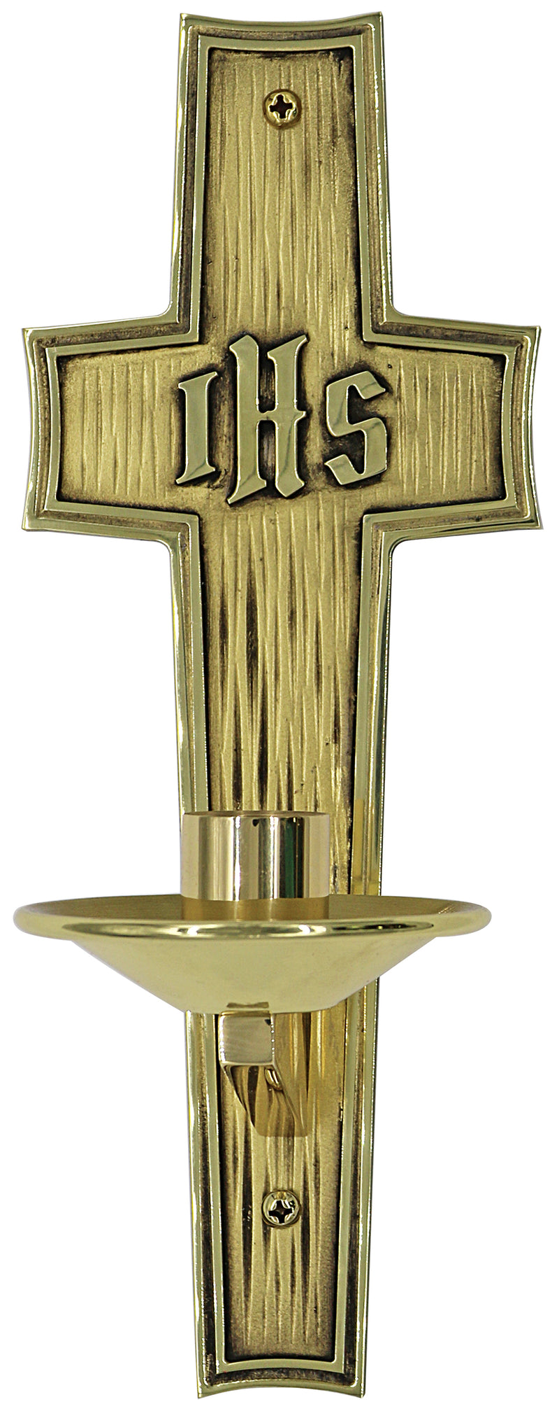 Solid Brass Two-Tone Dedication Candle Bracket with IHS Cross, Bright Finish, 7/8" Socket | Koley's Inc.