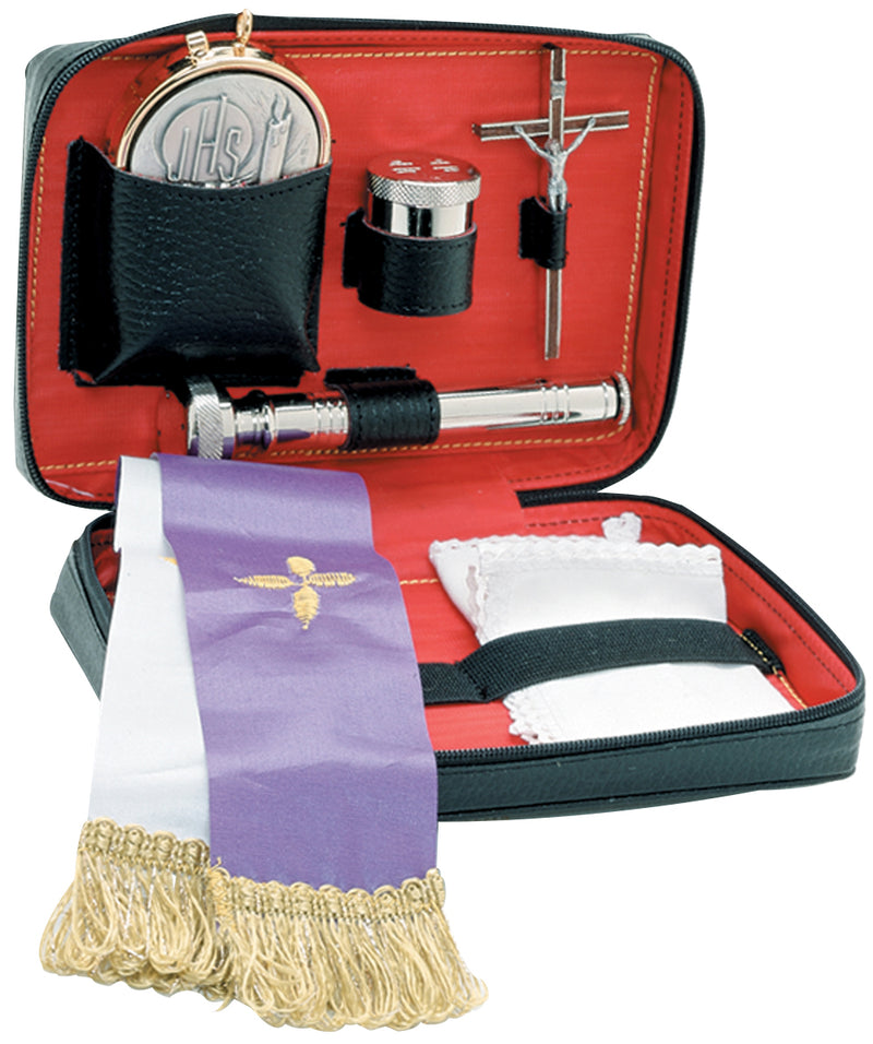 Sick Call Set | Leather Zipper Case, Gold Pyx, Oil Stock, Sprinkler, Wood Crucifix and Stole | K-170 | Koley's Inc.