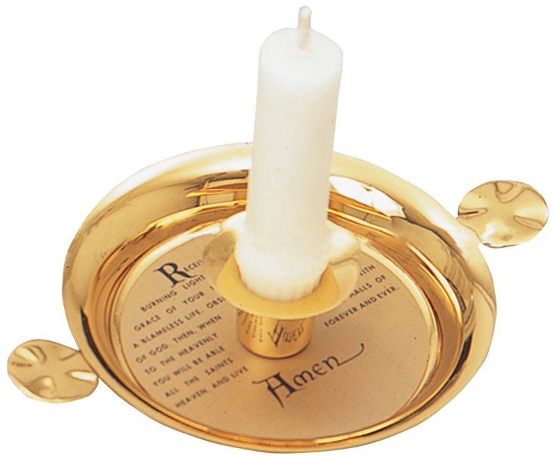 Baptismal Candlestick, 24K Gold Plated, 4-3/4" Tray with Etched Prayer | Koley's Inc.