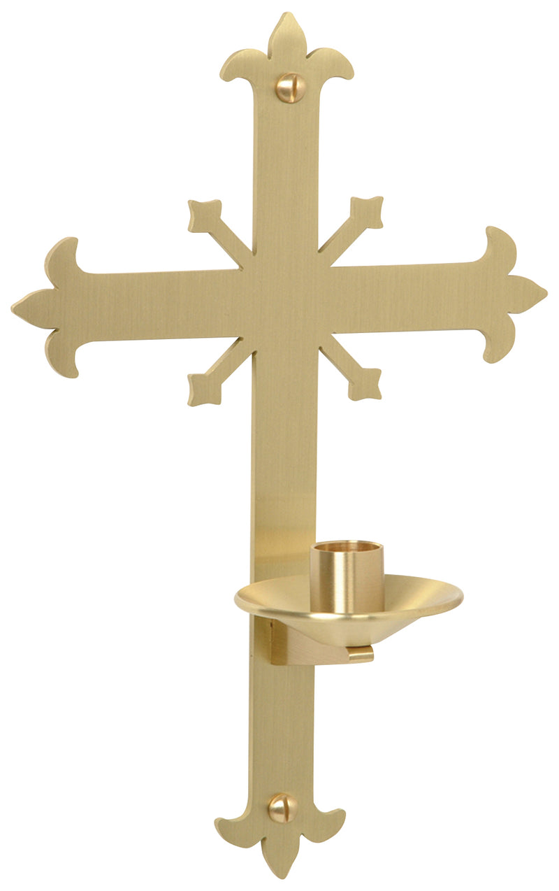 Solid Brass Satin Finish Fleur-de-Lis Cross Dedication Candle Bracket, 8" x 12", 4" Extension | Koley's Inc.