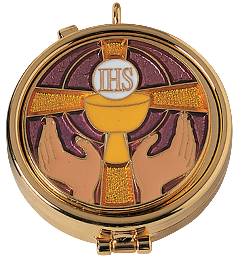 Pyx, 24K Gold Plated with Enameled IHS Chalice and Hands Emblem, 7-Host Cap | Koley's Inc.