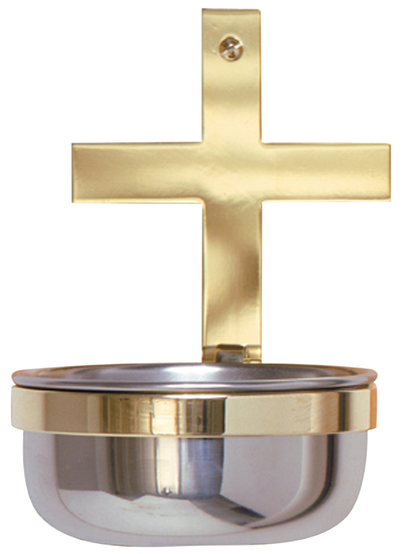 Holy Water Font, Solid Brass Cross & Stainless Bowl on Oak Panel, 8" x 10" | Koley's Inc.