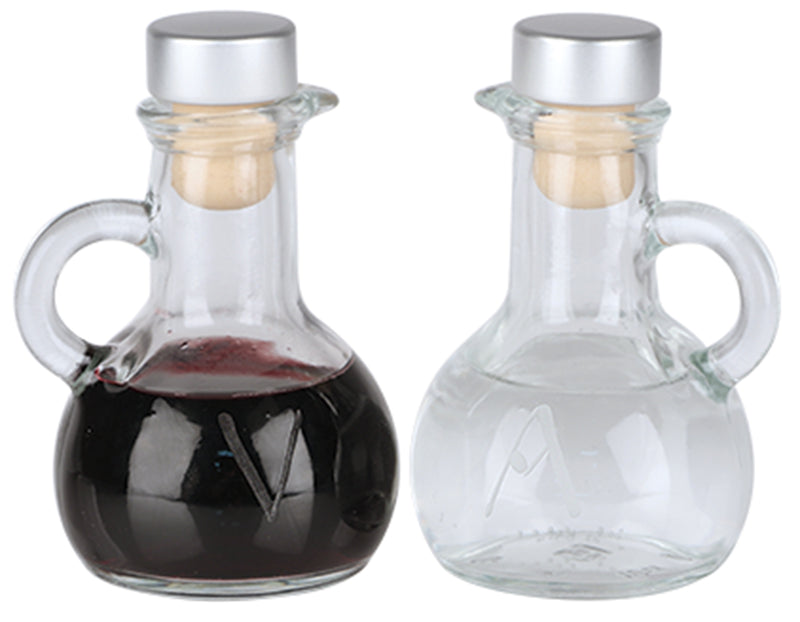 Glass Cruets with Cork Stoppers, Engraved A & V Symbols, 4 oz., Pair | Koley's Inc.