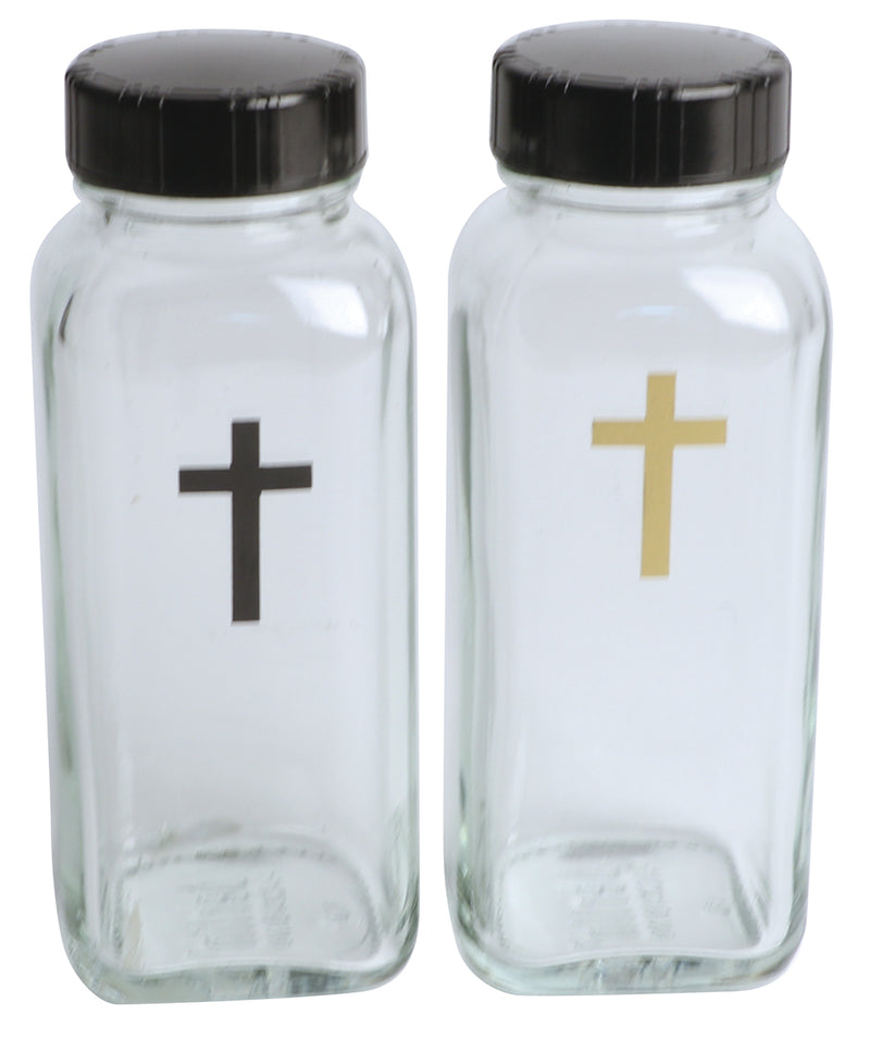 Glass Cruets with Black Lids and Cross Design 4 oz. Pair | Koley's Inc.