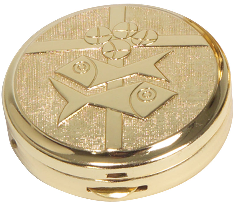 Pyx, 24K Gold Two-Tone with Bread, Fish and Cross Design, 10-Host | Koley's Inc.