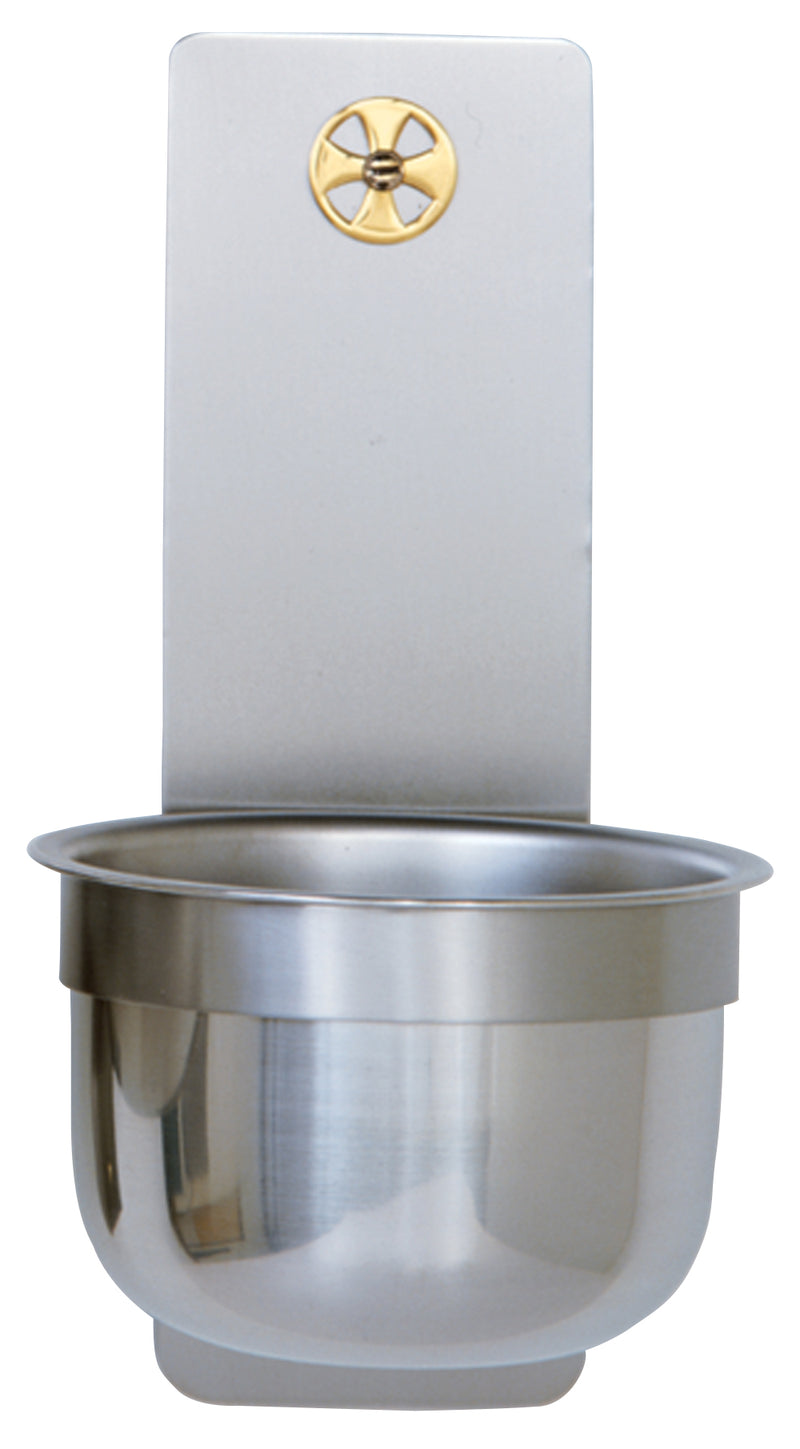 Holy Water Font, Stainless Steel with Solid Brass Cross, 3" x 9" Back Plate, 5" Bowl | Koley's Inc.
