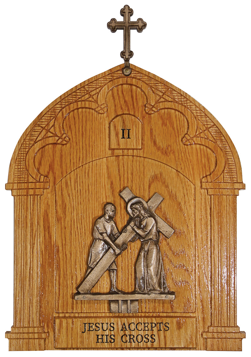 Cold Cast Bronze Stations of the Cross on Oak Plaques with Cross Finial | Koley's Inc.