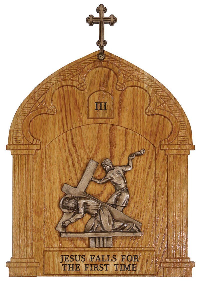 Cold Cast Bronze Stations of the Cross on Oak Plaques with Cross Finial | Koley's Inc.